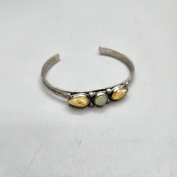 Silver Tone Cuff Bracelet Western Bohemian 3 Setting Adjustable Yellow Green - Picture 1 of 6